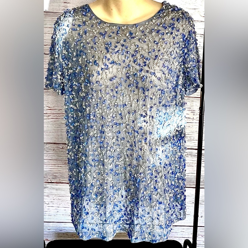 ASOS • Light Periwinkle Blue Mesh Sequin Long SS Top / Mini-dress UK 14 US 10